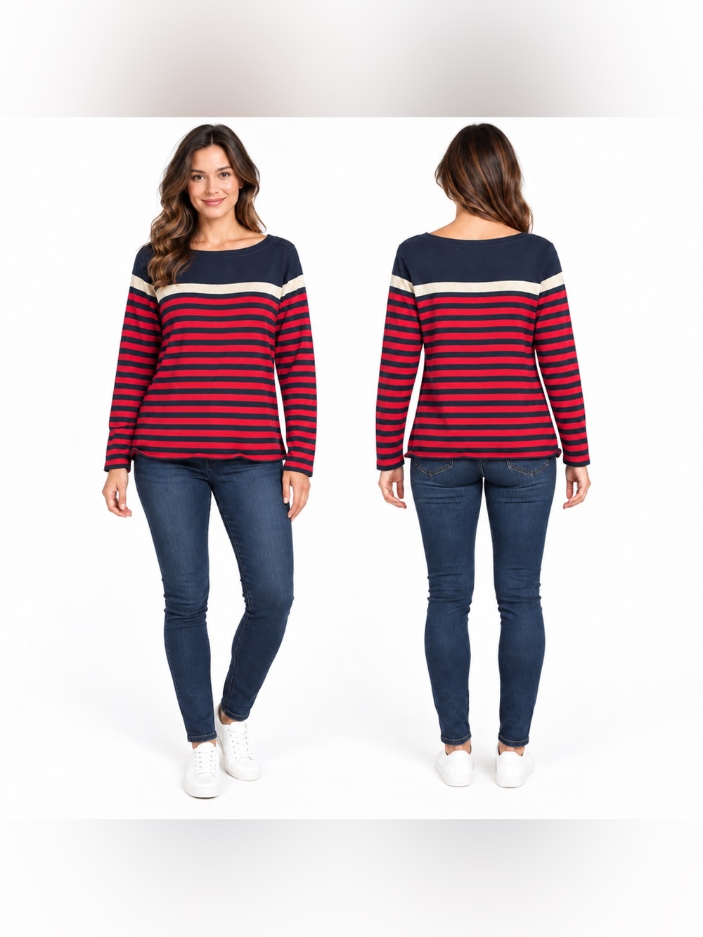 Tommy Hilfiger Women’s L Red Navy Gold Striped Cotton Sweater